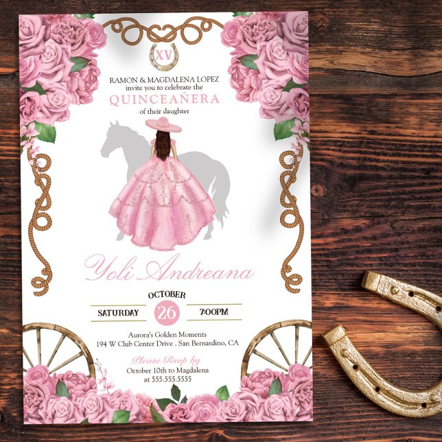 Baby Pink Roses Western Charro Quinceanera Invitation (Creator Uploaded)