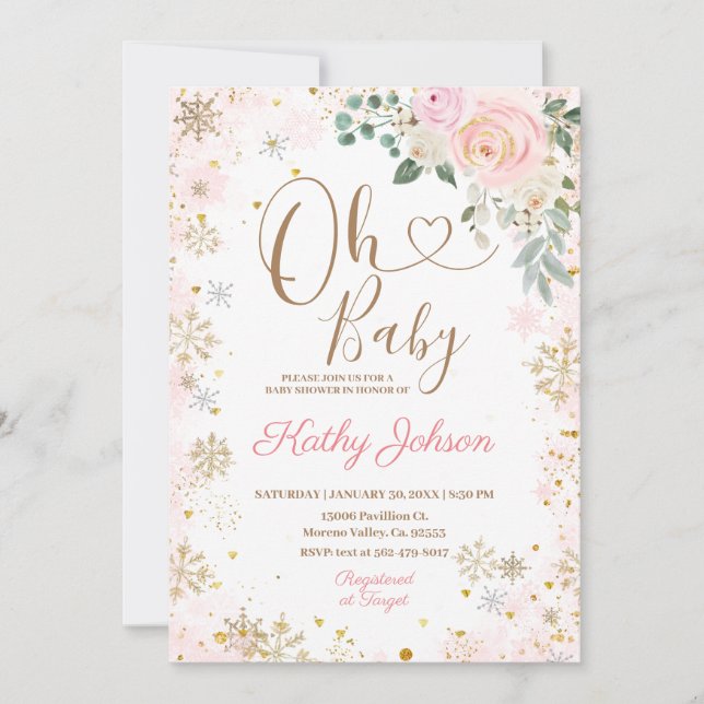 Baby Pink Snowflake Floral Baby Shower Invitation (Front)