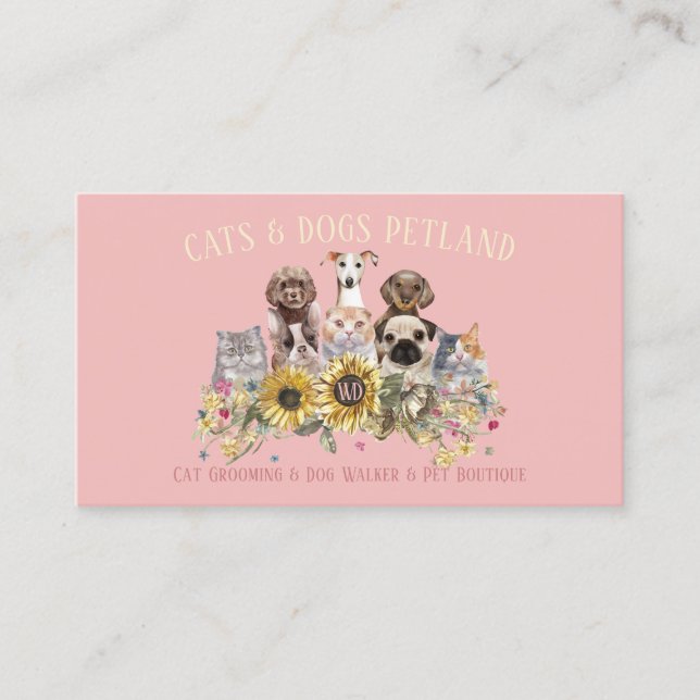 Baby Pink Sunflower Dog Walker Cat Grooming Pet Business Card (Front)