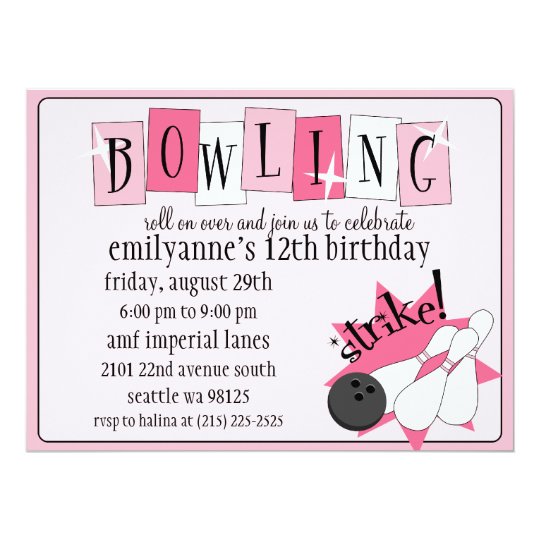 Baby Pink Totally Retro Bowling Birthday Party Card