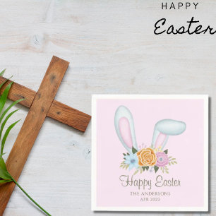Baby Pink Watercolor Flowers Bunny Ears Easter  Napkin