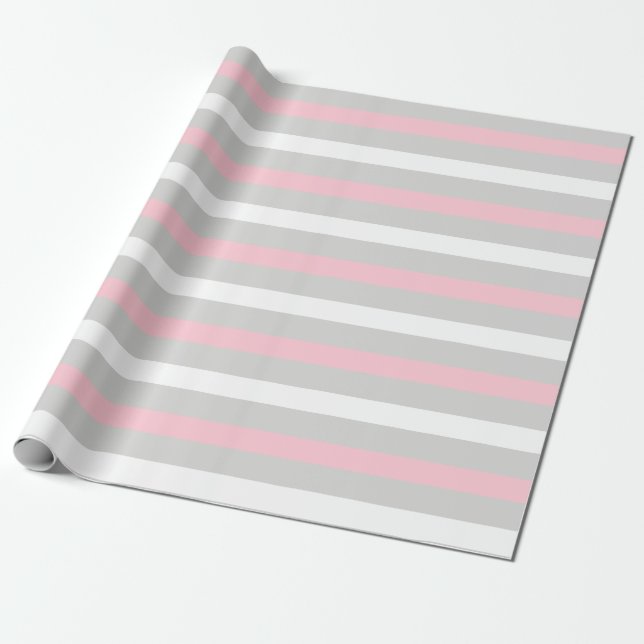 Baby Pink White and grey striped wrapping paper (Unrolled)