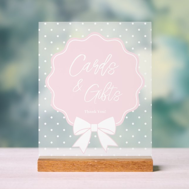 Baby Pink & White Bow Polka Dots Cards and Gifts Acrylic Sign (Neutral)