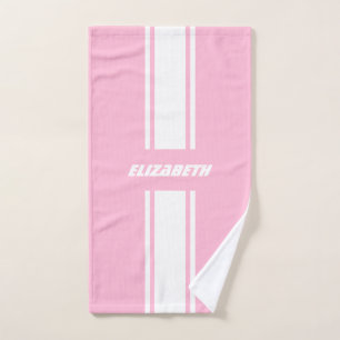 Baby Pink White Racing Stripes Monogram Kids Girls Bath Towel Set