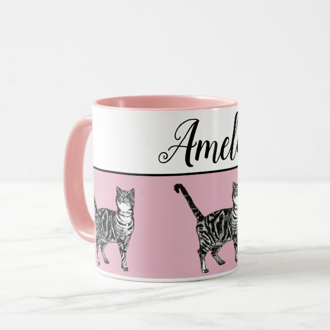 Baby Pink White Tabby cat Cats Whimsical Art Mug (Front Left)