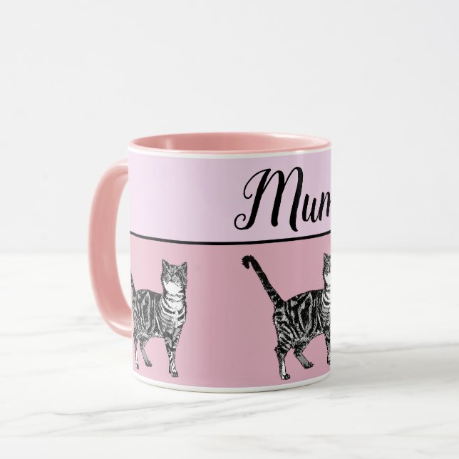 Baby Pink White Tabby cat Cats Whimsical Art Mum Mug (Front Left)
