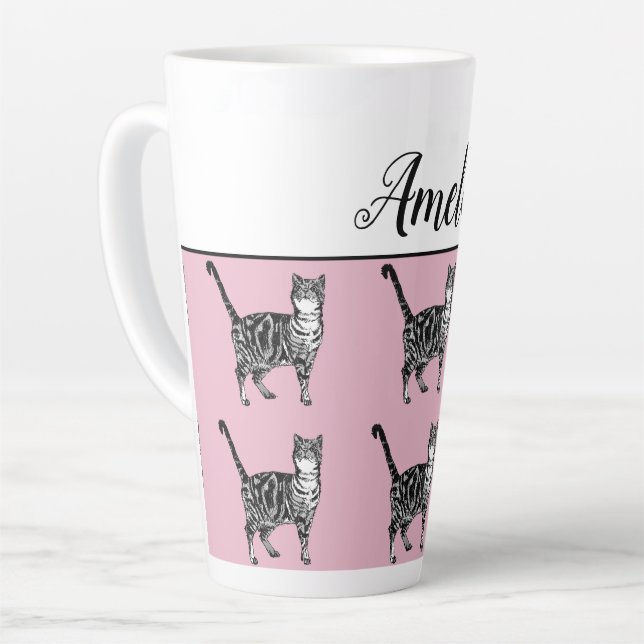 Baby Pink White Tabby cat Cats Whimsical Latte Mug (Left Angle)