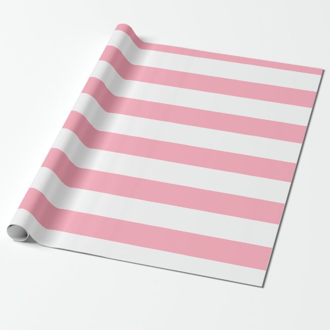 Baby Pink White Wide Horizontal Striped Wrapping Paper (Unrolled)