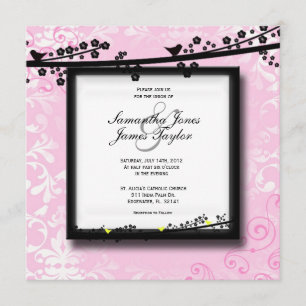 Baby Pink with Birds Damask Elegant Vintage Weddin Invitation
