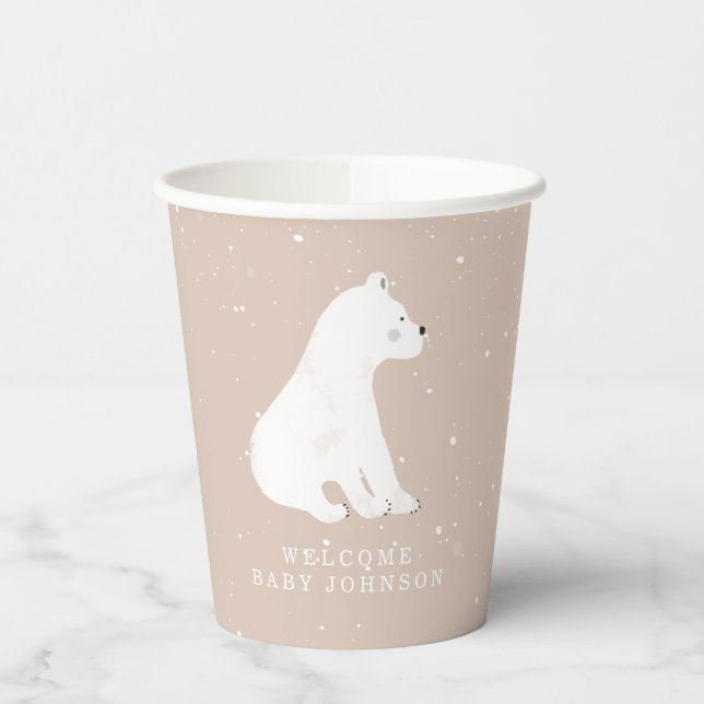 Baby Polar Bear Cub Pink Winter Baby Shower Paper Cups (Left)
