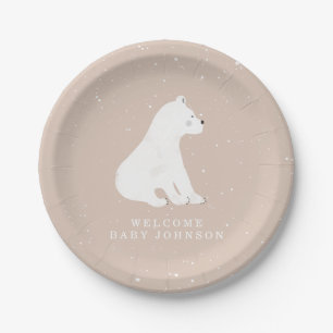 Baby Polar Bear Cub Pink Winter Baby Shower Paper Plate