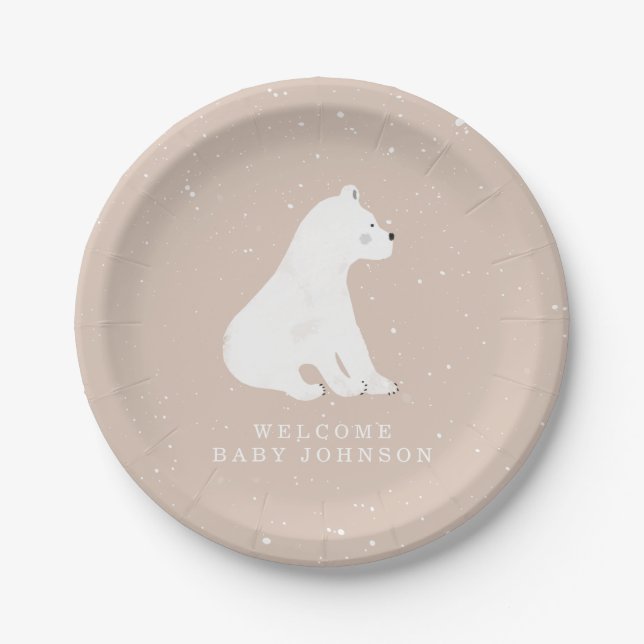 Baby Polar Bear Cub Pink Winter Baby Shower Paper Plate (Front)
