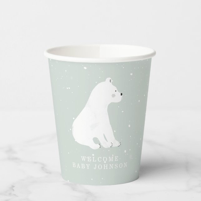 Baby Polar Bear Cub Winter Blue Baby Shower Paper Cups (Left)