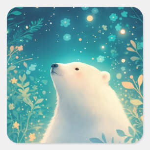 Baby Polar Bear Gazing at Magical Night Sky Square Sticker