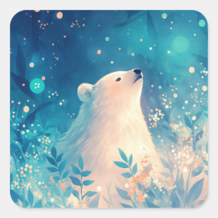 Baby Polar Bear Gazing at Magical Night Sky Square Sticker