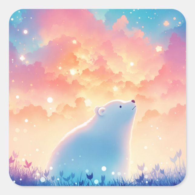 Baby Polar Bear Gazing at Shooting Star Square Sticker (Front)