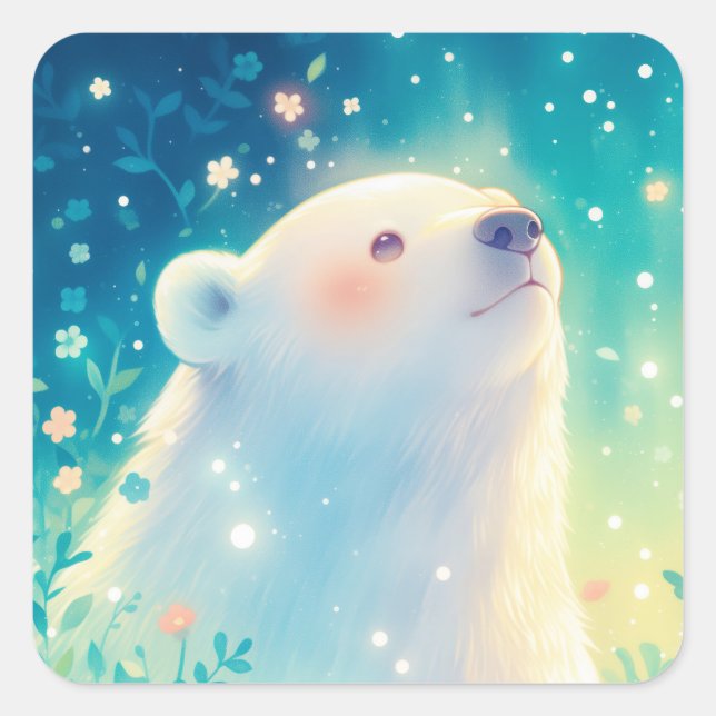 Baby Polar Bear Gazing Up in Sunlit Meadow Square Sticker (Front)