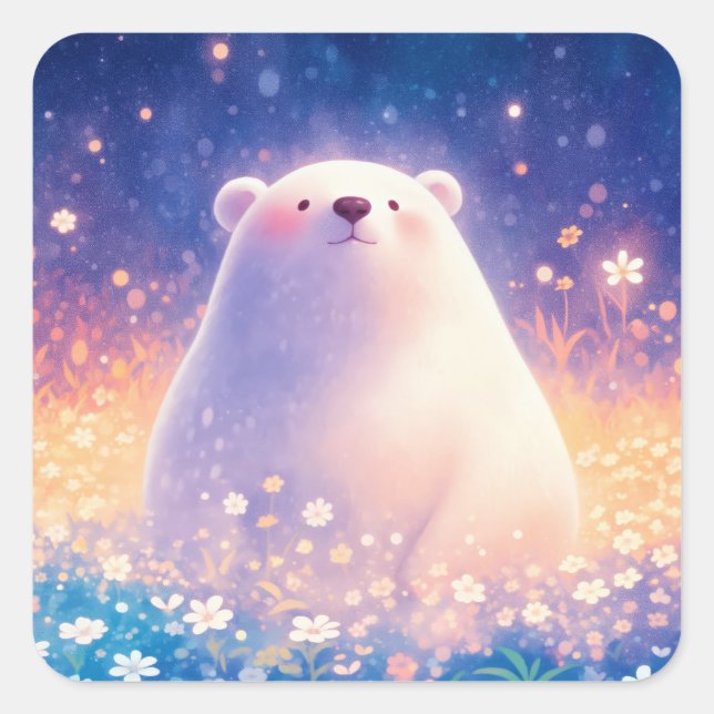 Baby Polar Bear in Meadow of Wildflowers Square Sticker (Front)