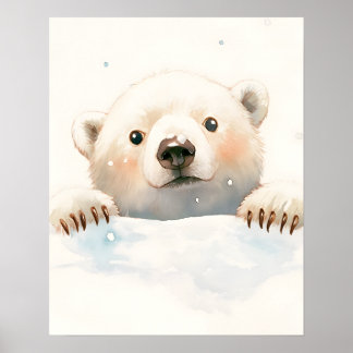 Baby Polar Bear In the Snow Holiday Painting  Poster