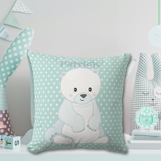 Baby Polar Bear Pastel Green Polka-Dot Monogram Cushion (Creator Uploaded)