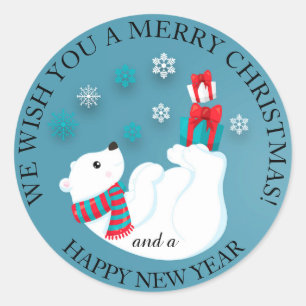 Baby Polar Bear Playing on Blue Merry Christmas Classic Round Sticker