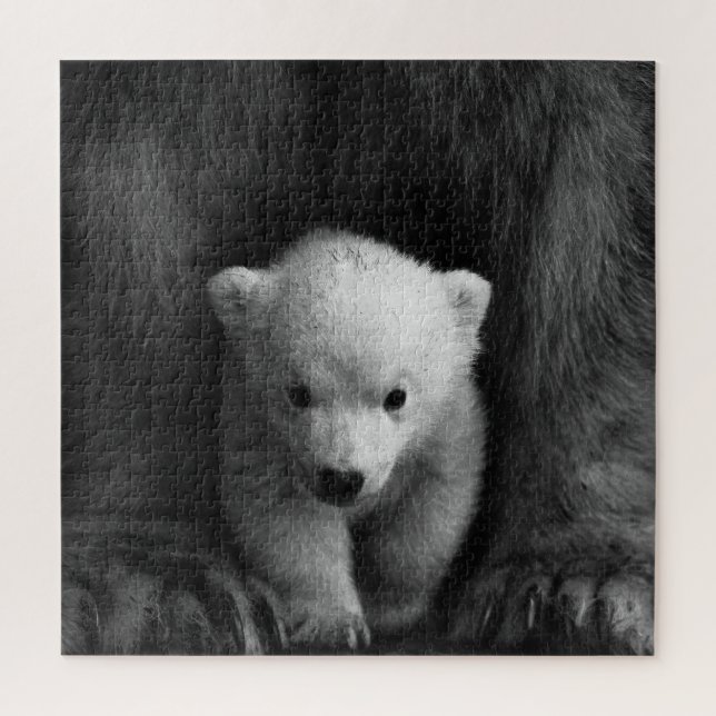 Baby Polar Bear with Mother, Black and White Jigsaw Puzzle (Vertical)