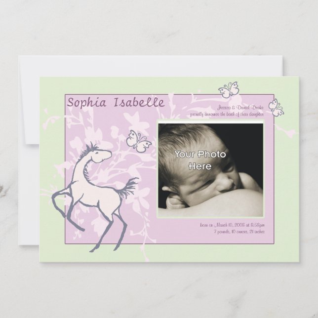 Baby Pony and Butterflies Girl Birth Announcement (Front)