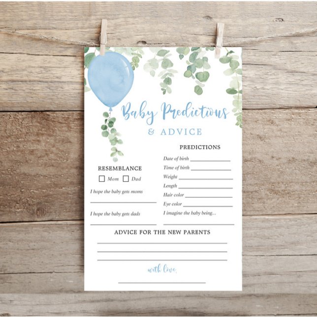 Baby predictions advice card blue balloons boy (Creator Uploaded)
