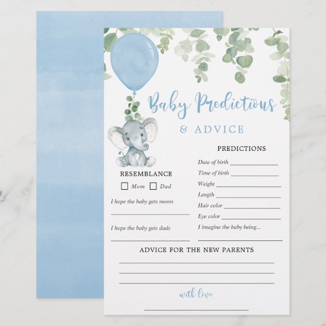 Baby predictions advice card Elephant blue balloon (Front/Back)