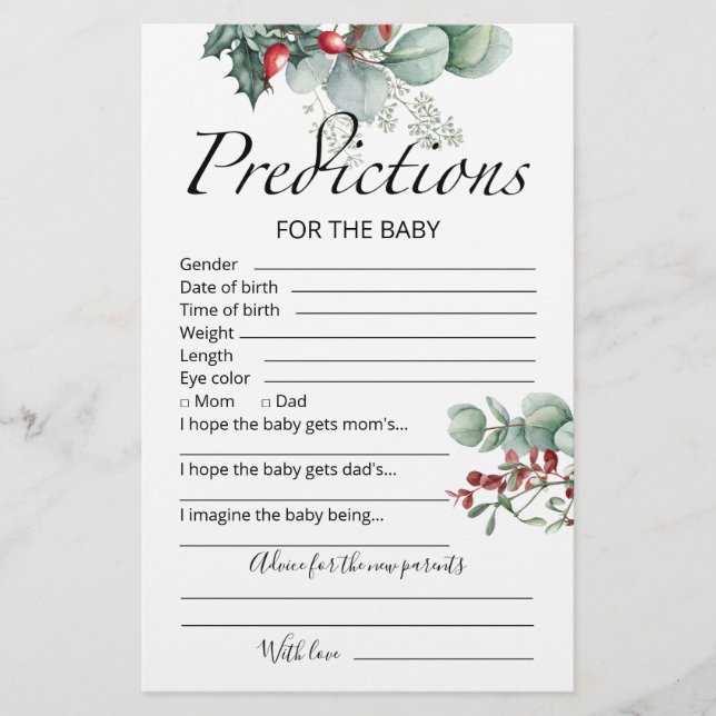 Baby predictions advice card evergreen baby shower (Front)