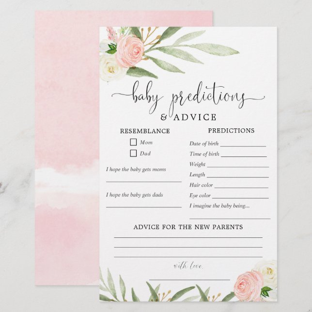 Baby predictions advice card pink greenery gold (Front/Back)