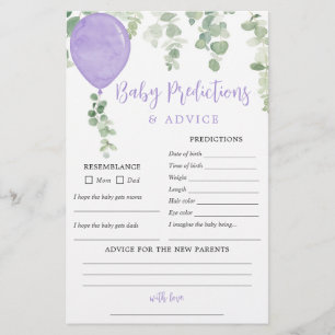 Baby predictions advice card purple balloon girl