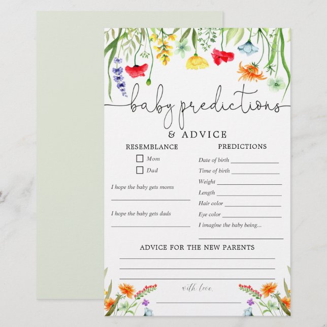 Baby predictions advice card spring wildflowers (Front/Back)