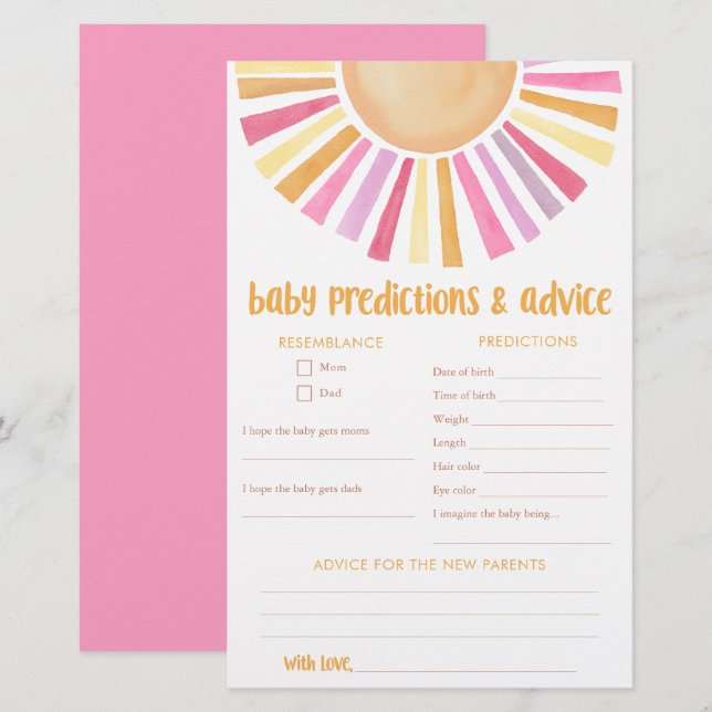 Baby predictions advice card sunshine girl boho (Front/Back)