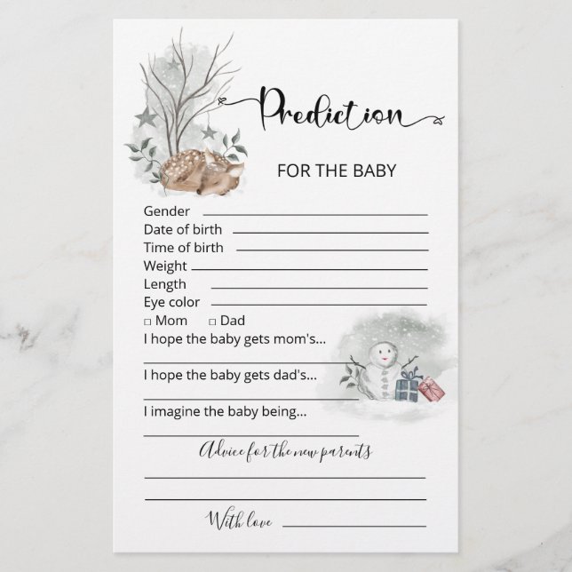 Baby predictions advice card winter baby shower (Front)