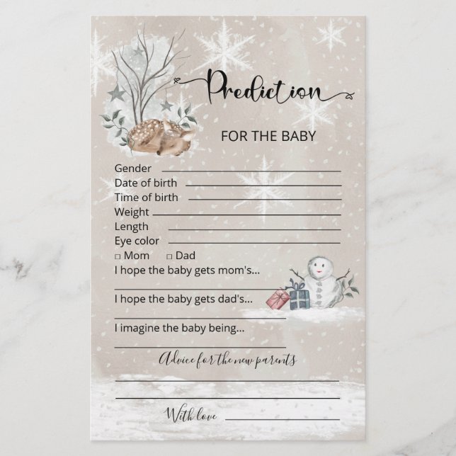 Baby predictions advice card winter baby shower (Front)