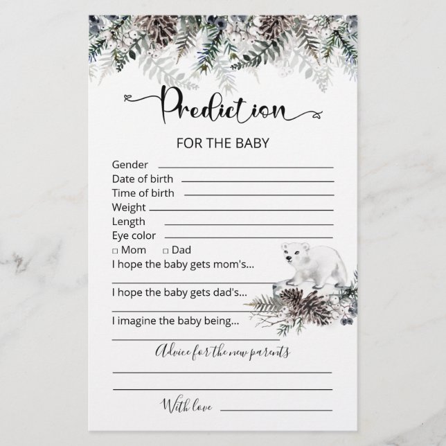 Baby predictions advice card winter baby shower (Front)