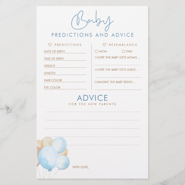 Baby Predictions and Advice Baby Shower Game (Front)