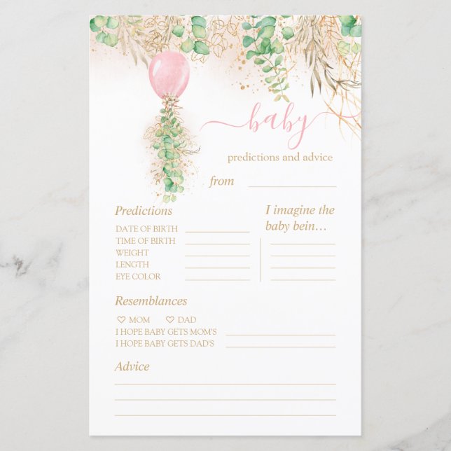 Baby Predictions and Advice Baby Shower Game (Front)