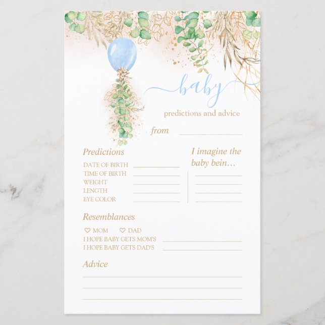 Baby Predictions and Advice Baby Shower Game (Front)