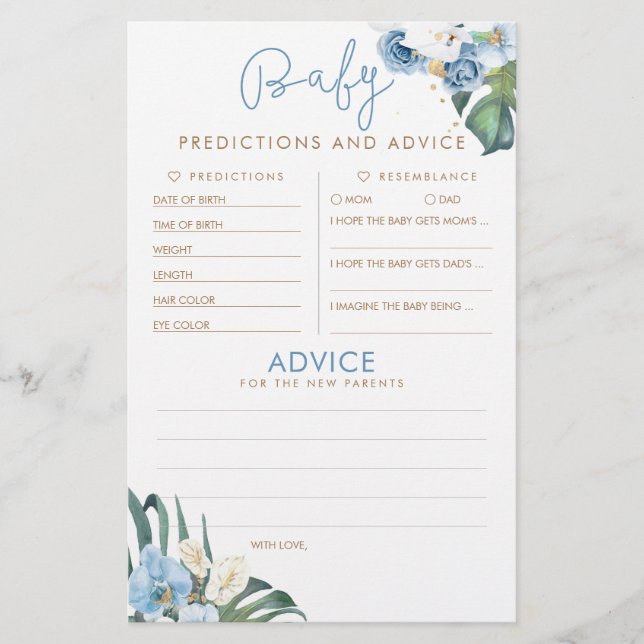 Baby Predictions and Advice Baby Shower Game (Front)