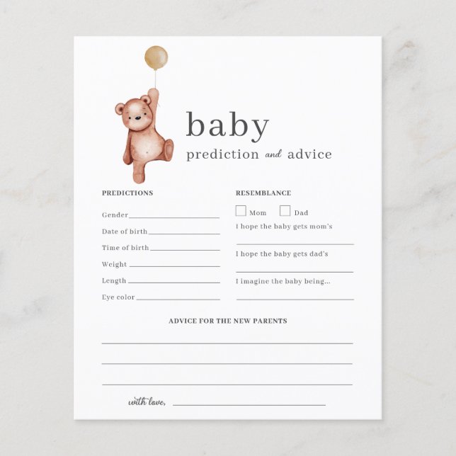Baby Predictions and Advice Baby Shower Game (Front)