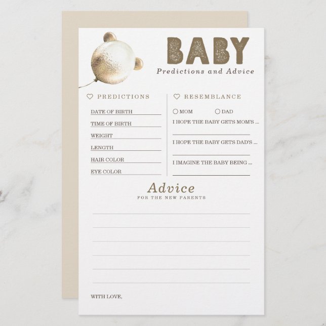 Baby Predictions and Advice Baby Shower Game (Front/Back)