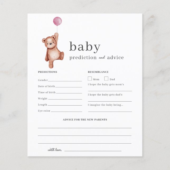 Baby Predictions and Advice Baby Shower Game Girl (Front)