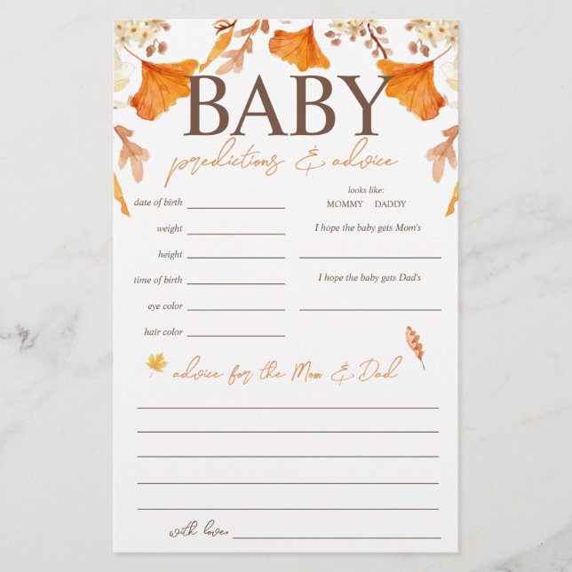 Baby Predictions and Advice Fall Baby Shower Game Flyer (Front)