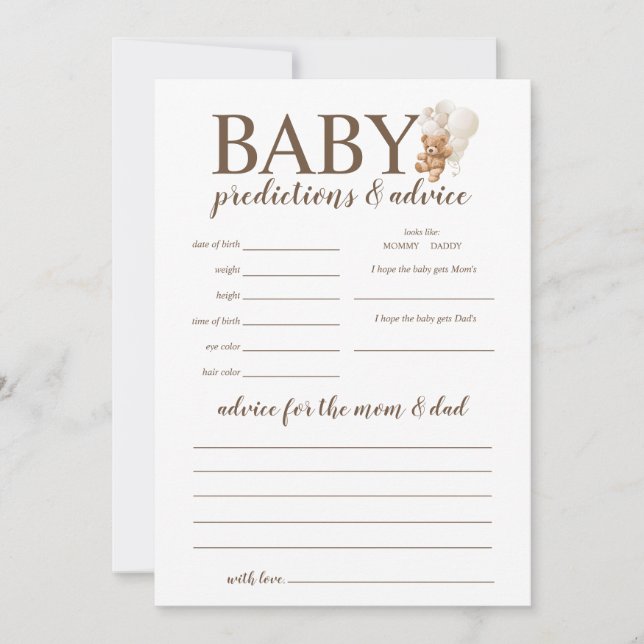 Baby Predictions and Advice Teddy Bear Game Invitation (Front)