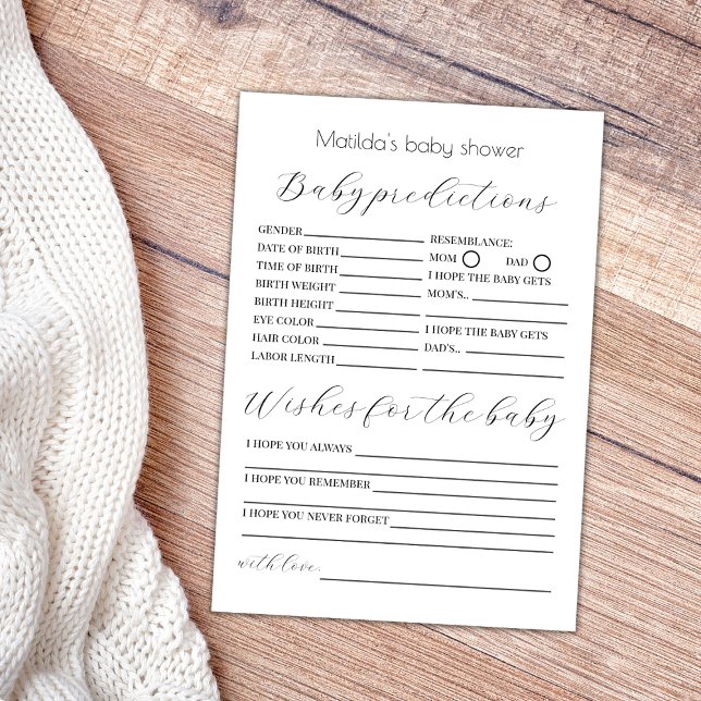 Baby Predictions and Wishes Baby Shower Game Card (baby predictions and wishes for the baby shower game minimalist elegant gender neutral)