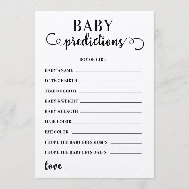 Baby Predictions Baby Shower Game Programme (Front)