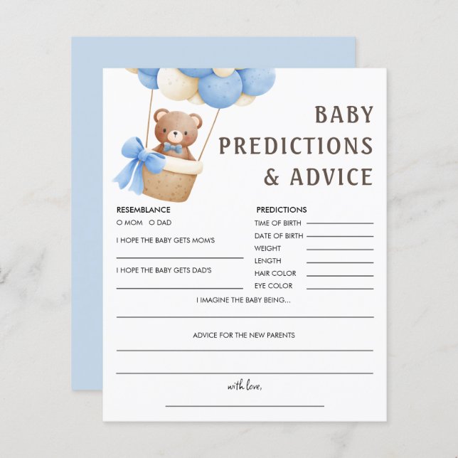 Baby Predictions | Bear Balloon Baby Shower Game (Front/Back)