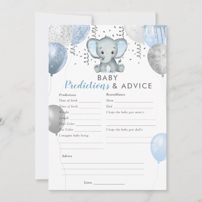 Baby Predictions Boy Elephant Shower Game Invitation (Front)